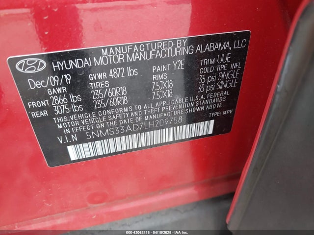5NMS33AD7LH209758 Hyundai gdi theta ii