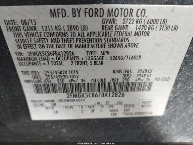 2FMGK5C86FBA12826 Ford FLEX SEL
