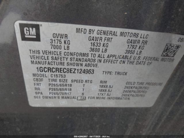 1GCRCREC8EZ124963 Chevrolet Silverado 1500 1lt