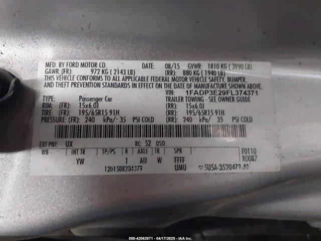 1FADP3E29FL374371 Ford FOCUS S