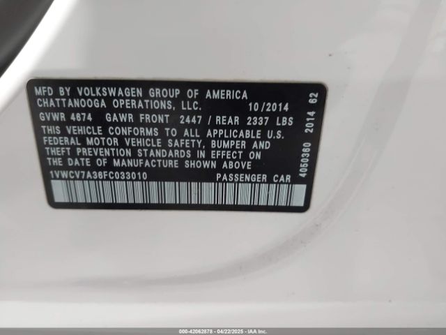 1VWCV7A36FC033010 Volkswagen Passat 2.0l Tdi Sel Premium