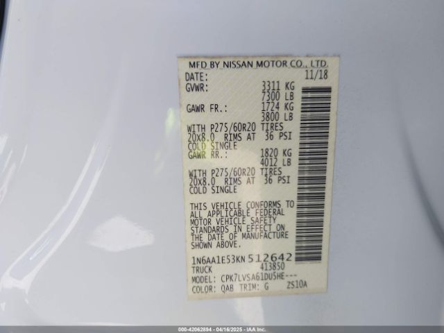 1N6AA1E53KN512642 Nissan Titan Sl
