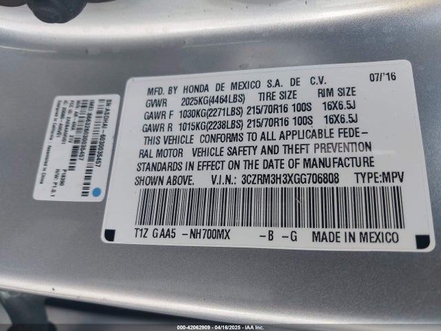 3CZRM3H3XGG706808 Honda k24w9/k24v1