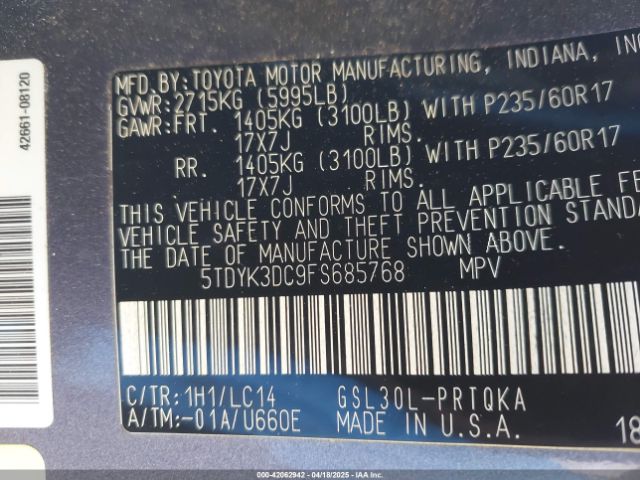 5TDYK3DC9FS685768 Toyota Sienna Xle 8 Passenger