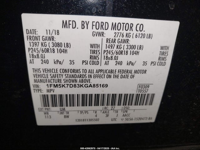1FM5K7D83KGA85169 Ford EXPLORER XLT