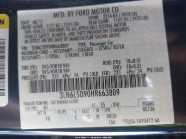 3LN6L5D90HR663809 Lincoln MKZ SELECT
