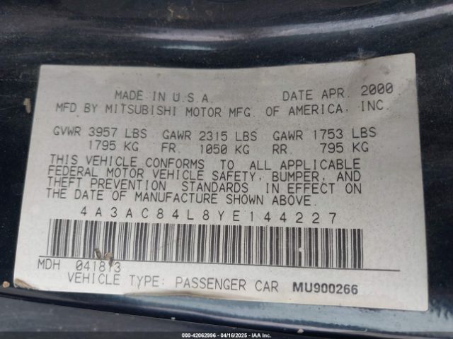 2000 MITSUBISHI ECLIPSE 4A3AC84L8YE144227 Photo 8