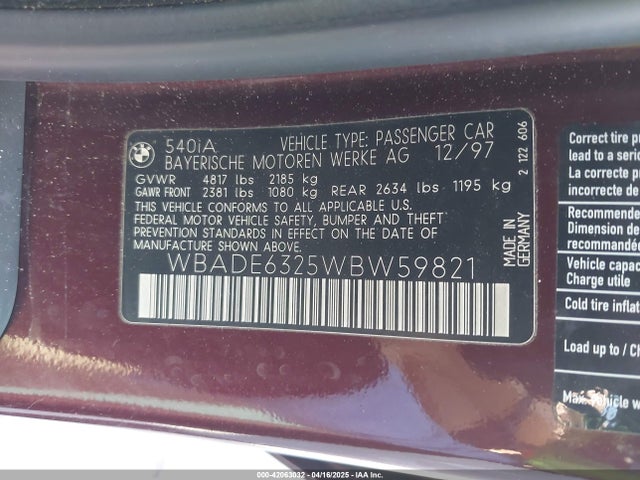 42063032 :رقم المزاد ، WBADE6325WBW59821 vin ، 1998 Bmw 540ia مزاد بيع