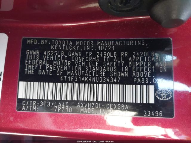 4T1F31AK4NU034347 Toyota Camry Xle Hybrid