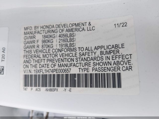 19XFL1H74PE000657 Honda Civic Ex-l /ex-l W/o Bsi