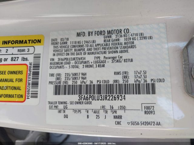 2018 FORD FUSION HYBRID 3FA6P0LU3JR226934 Photo 8