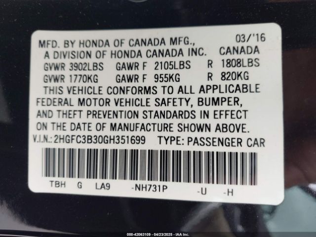 2HGFC3B30GH351699 Honda l15b7