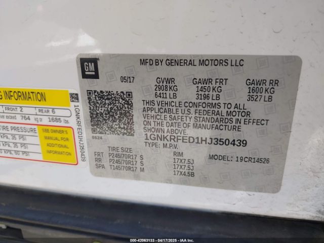 1GNKRFED1HJ350439 Chevrolet Traverse Ls