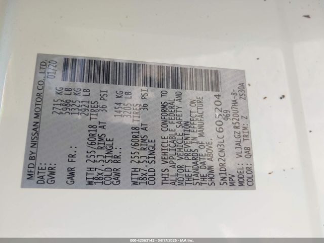 5N1DR2CN3LC605204 Nissan Pathfinder Sl 2wd