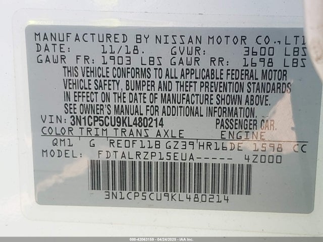 3N1CP5CU9KL480214 Nissan KICKS S
