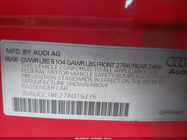 2007 AUDI S4 WAUGL78E27A015275 Photo 8