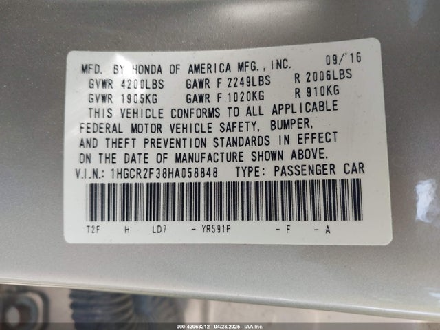1HGCR2F38HA058848 Honda ACCORD LX