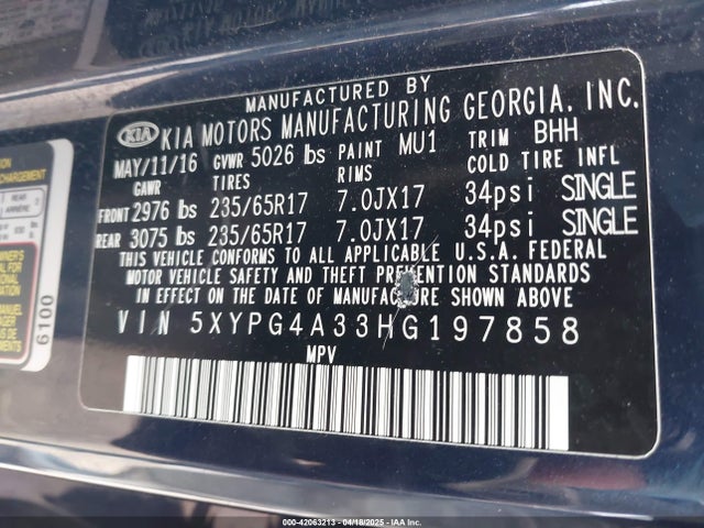 5XYPG4A33HG197858 KIA Sorento 2.4l Lx
