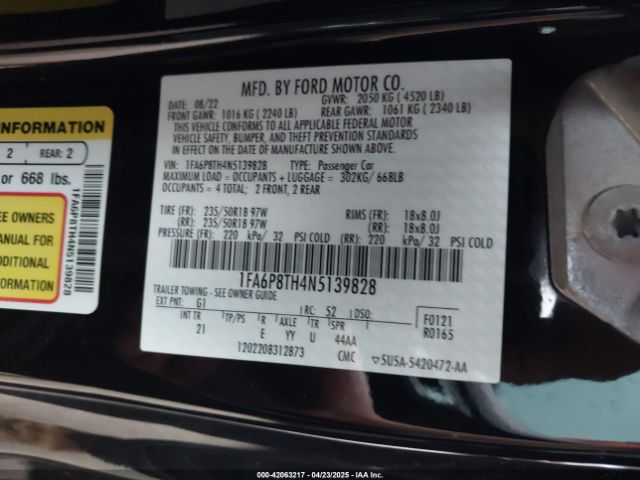 2022 FORD MUSTANG 1FA6P8TH4N5139828 Photo 8