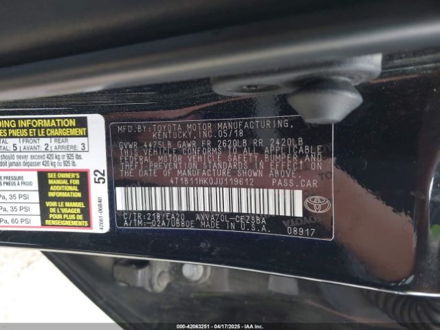 4T1B11HK0JU119612 Toyota CAMRY SE