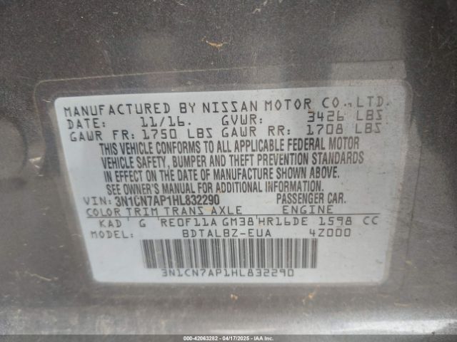 3N1CN7AP1HL832290 Nissan Versa 1.6 Sv
