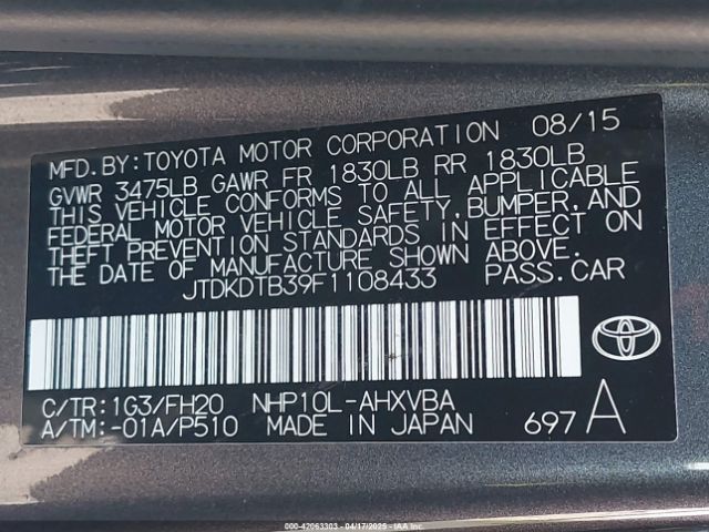 JTDKDTB39F1108433 Toyota Prius C One