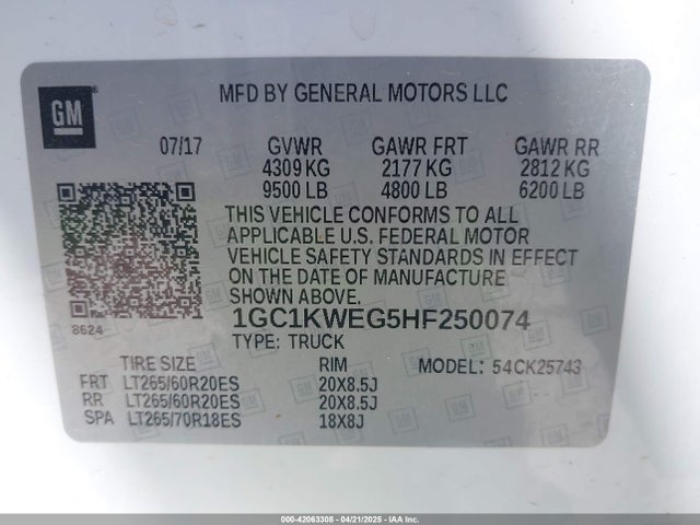 1GC1KWEG5HF250074 Chevrolet Silverado 2500hd Ltz