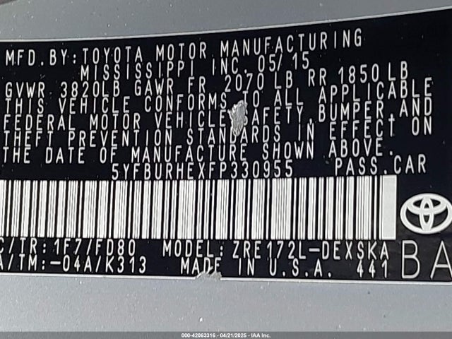 5YFBURHEXFP330955 Toyota Corolla S Plus
