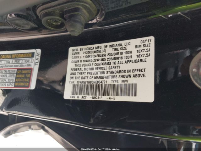 7FARW1H80HE004721 Honda Cr-v Ex-l/ex-l Navi