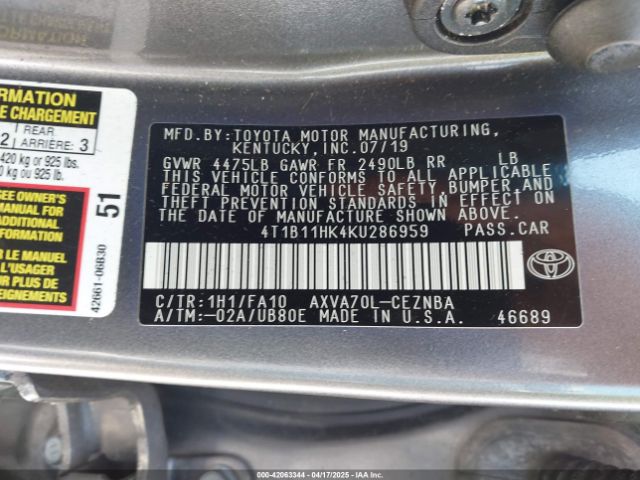 4T1B11HK4KU286959 Toyota CAMRY LE