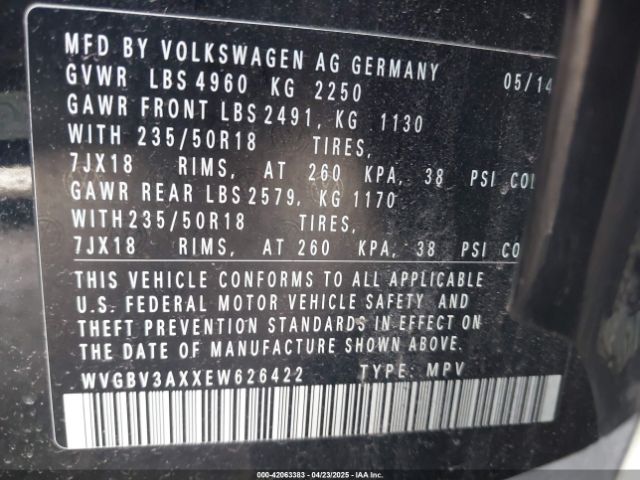 WVGBV3AXXEW626422 Volkswagen Tiguan Sel