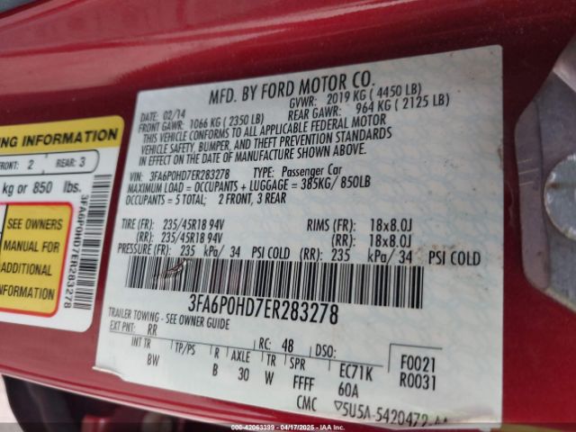 3FA6P0HD7ER283278 Ford FUSION SE