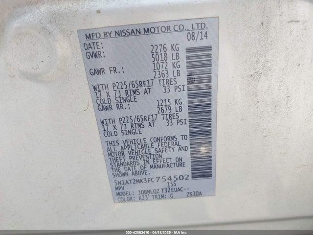 5N1AT2MK3FC754502 Nissan ROGUE SV