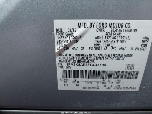 1FM5K8AR3FGC41106 Ford Police Interceptor