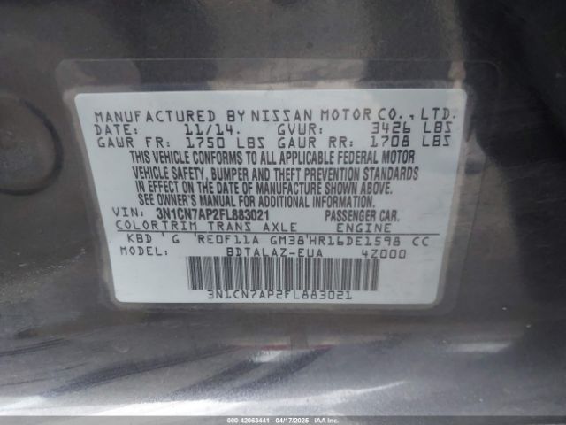 3N1CN7AP2FL883021 Nissan Versa 1.6 S+