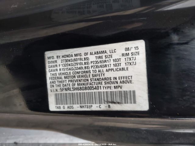 5FNRL5H68GB005401 Honda Odyssey Ex-l
