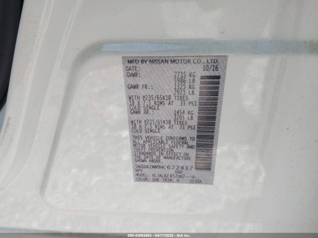 5N1DR2MN9HC622417 Nissan Pathfinder S