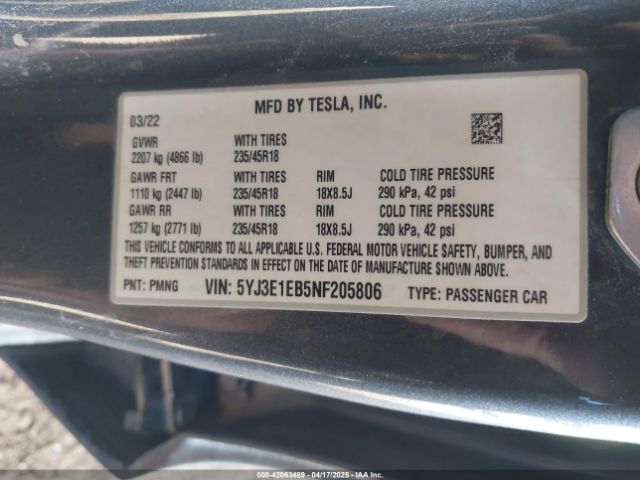 5YJ3E1EB5NF205806 Tesla Model 3 Long Range Dual Motor All-wheel Drive