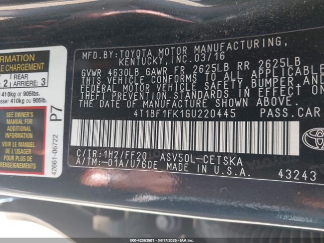 4T1BF1FK1GU220445 Toyota CAMRY SE