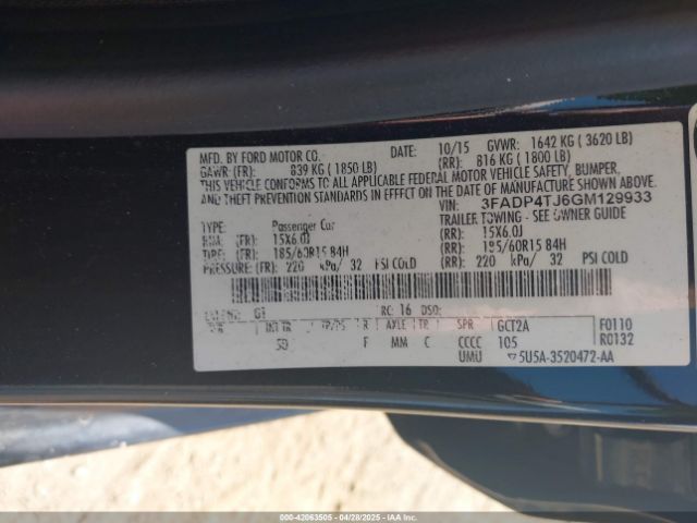 3FADP4TJ6GM129933 Ford FIESTA S