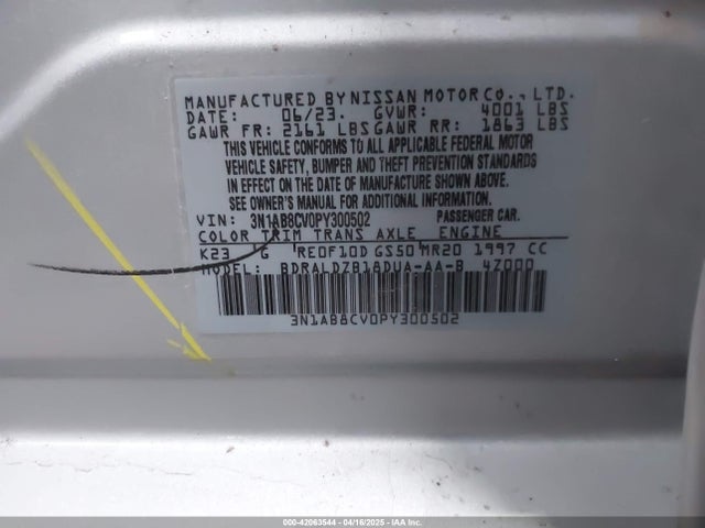 3N1AB8CV0PY300502 Nissan Sentra Sv Xtronic Cvt