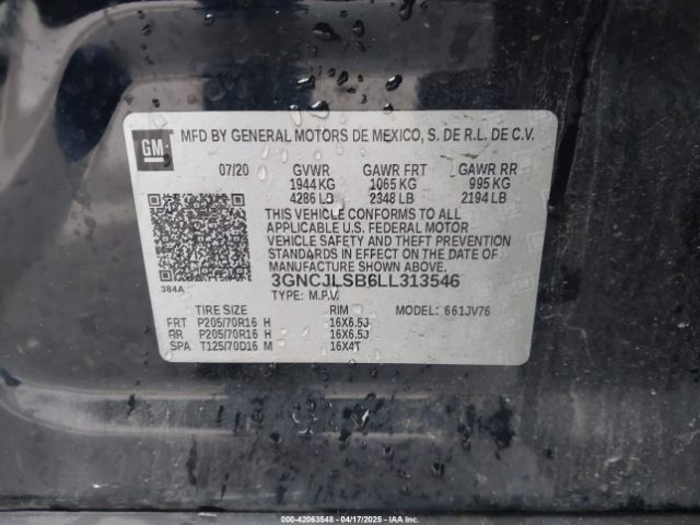 3GNCJLSB6LL313546 Chevrolet Trax Fwd Lt