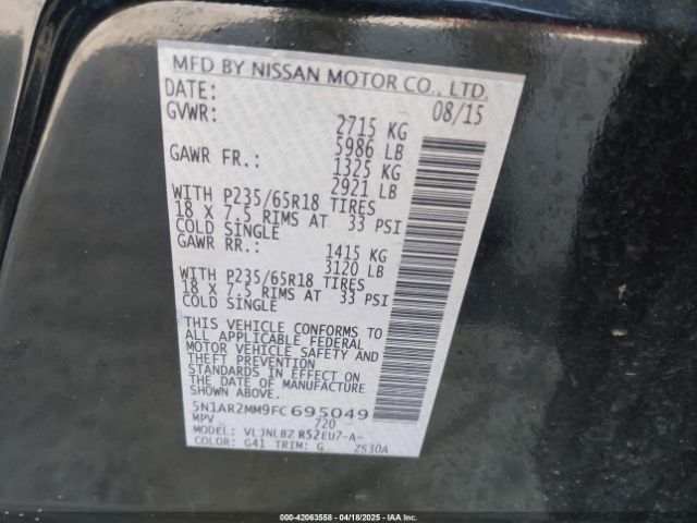 5N1AR2MM9FC695049 Nissan Pathfinder S