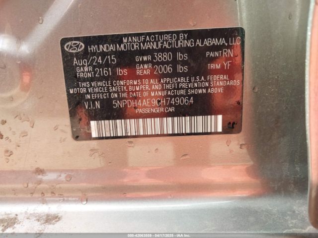 5NPDH4AE9GH749064 Hyundai ELANTRA SE