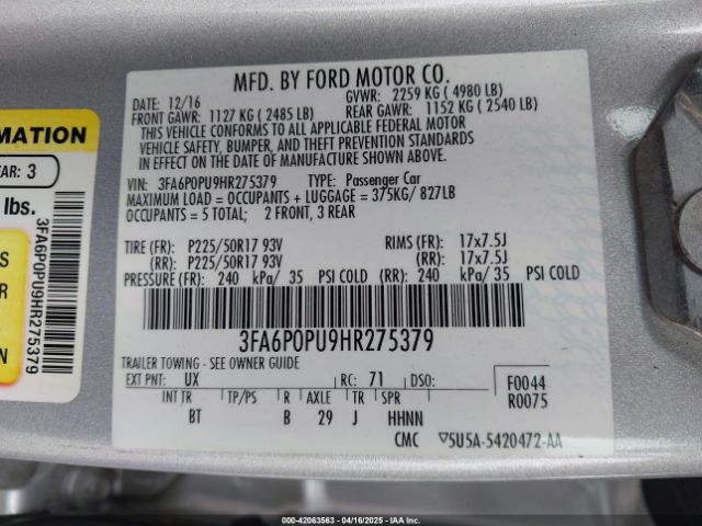 3FA6P0PU9HR275379 Ford Fusion Energi Se Luxury