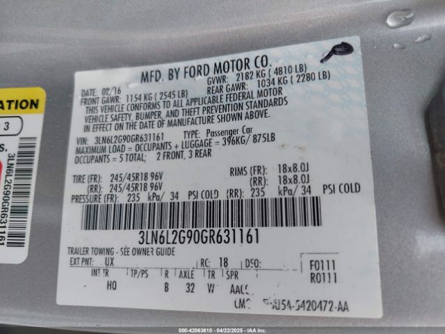 3LN6L2G90GR631161 Lincoln MKZ
