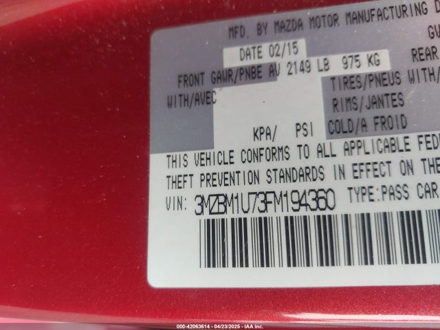 3MZBM1U73FM194360 Mazda Mazda3 I Sport