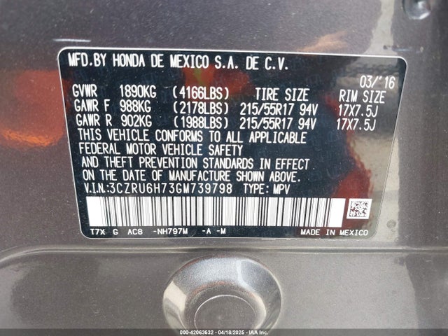 3CZRU6H73GM739798 Honda r18z9