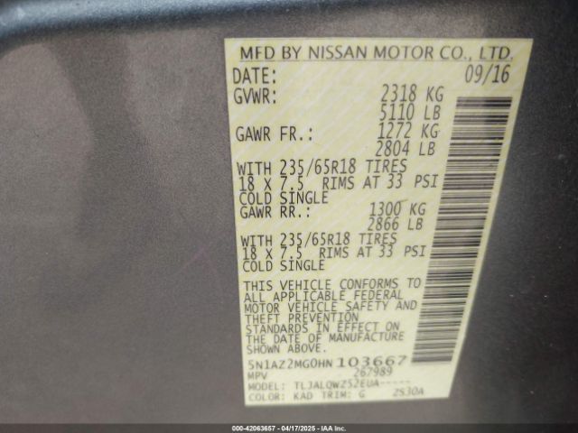 5N1AZ2MG0HN103667 Nissan Murano Platinum/s/sl/sv