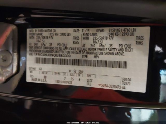 1FMCU9JX9GUB63309 Ford Escape Titanium